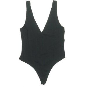 "Black plunging V-neck one-piece swimsuit with thin shoulder straps and high-cut